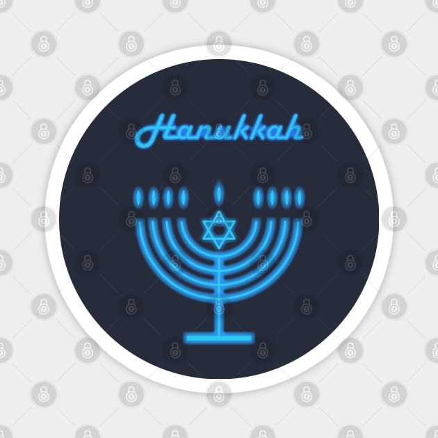 Neon Menorah Jewish Holiday Hanukkah Party Decoration with traditional Chanukah symbol hanukkiah menorah candlestick with candles, star of David Magnet by sofiartmedia